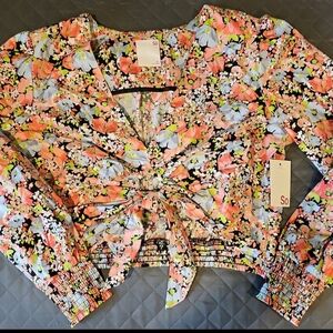 NWT SO brand Black Multi Keyhole Tie Front Long Sleeve Top Size XL